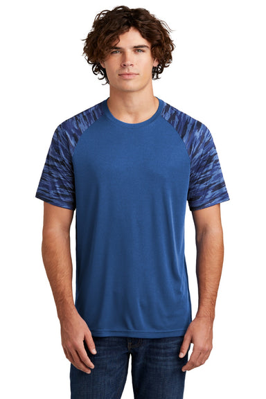 Sport-Tek ST376 Mens Drift Camo Colorblock Moisture Wicking Short Sleeve Crewneck T-Shirt Royal Blue Model Front