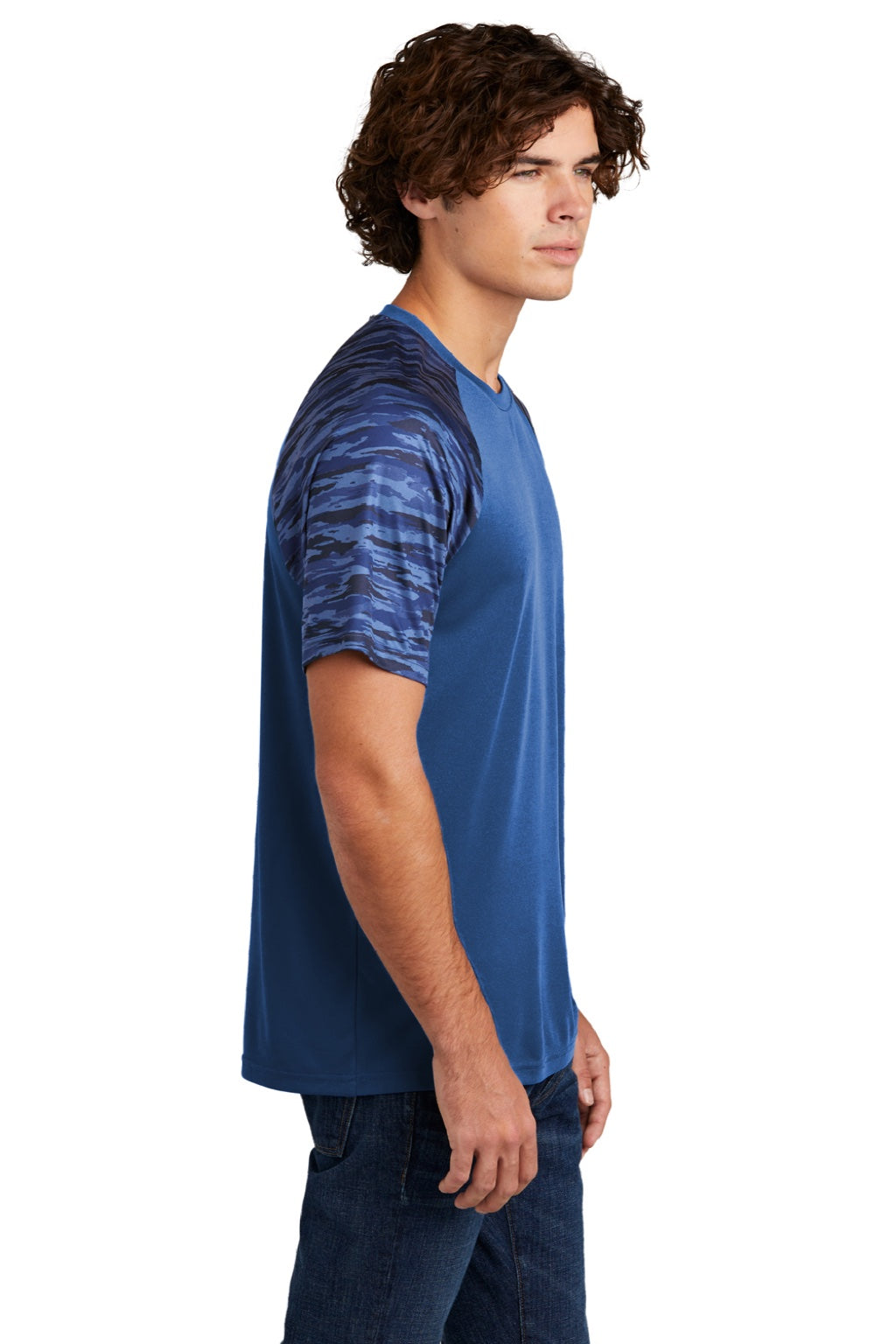 Sport-Tek ST376 Mens Drift Camo Colorblock Moisture Wicking Short Sleeve Crewneck T-Shirt Royal Blue Model Side