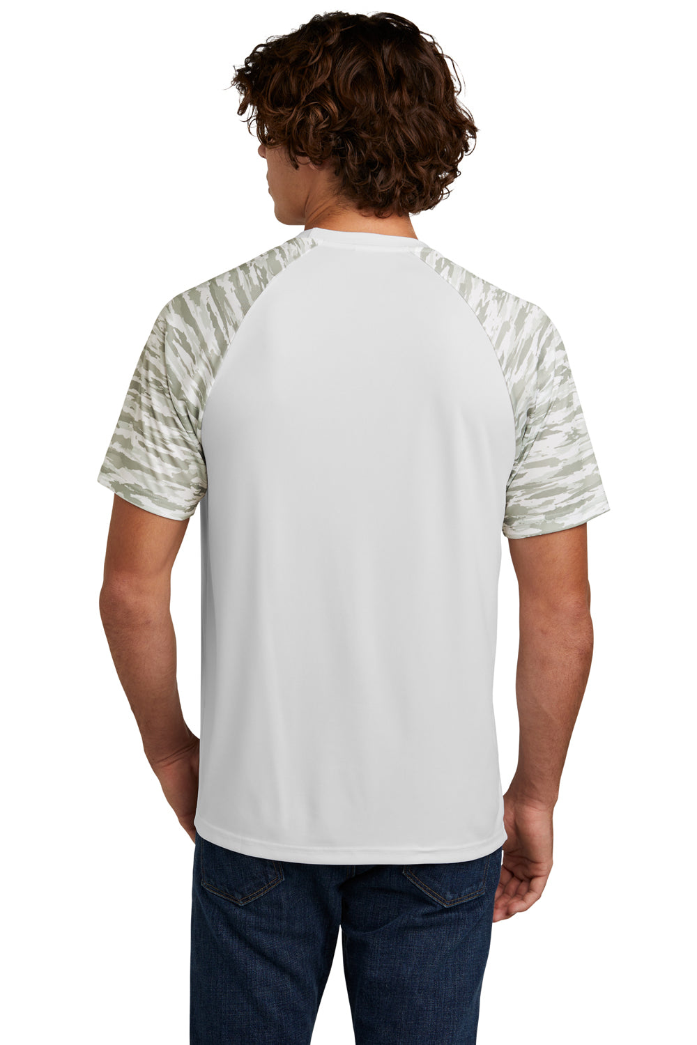 Sport-Tek ST376 Mens Drift Camo Colorblock Moisture Wicking Short Sleeve Crewneck T-Shirt White Model Back