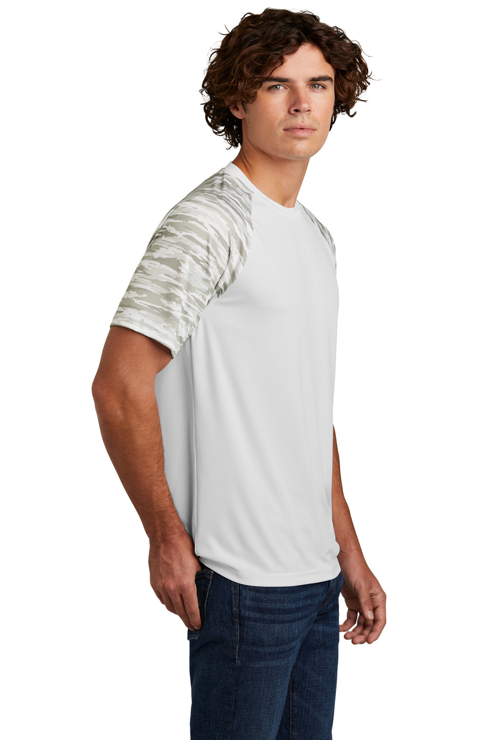 Sport-Tek ST376 Mens Drift Camo Colorblock Moisture Wicking Short Sleeve Crewneck T-Shirt White Model Side