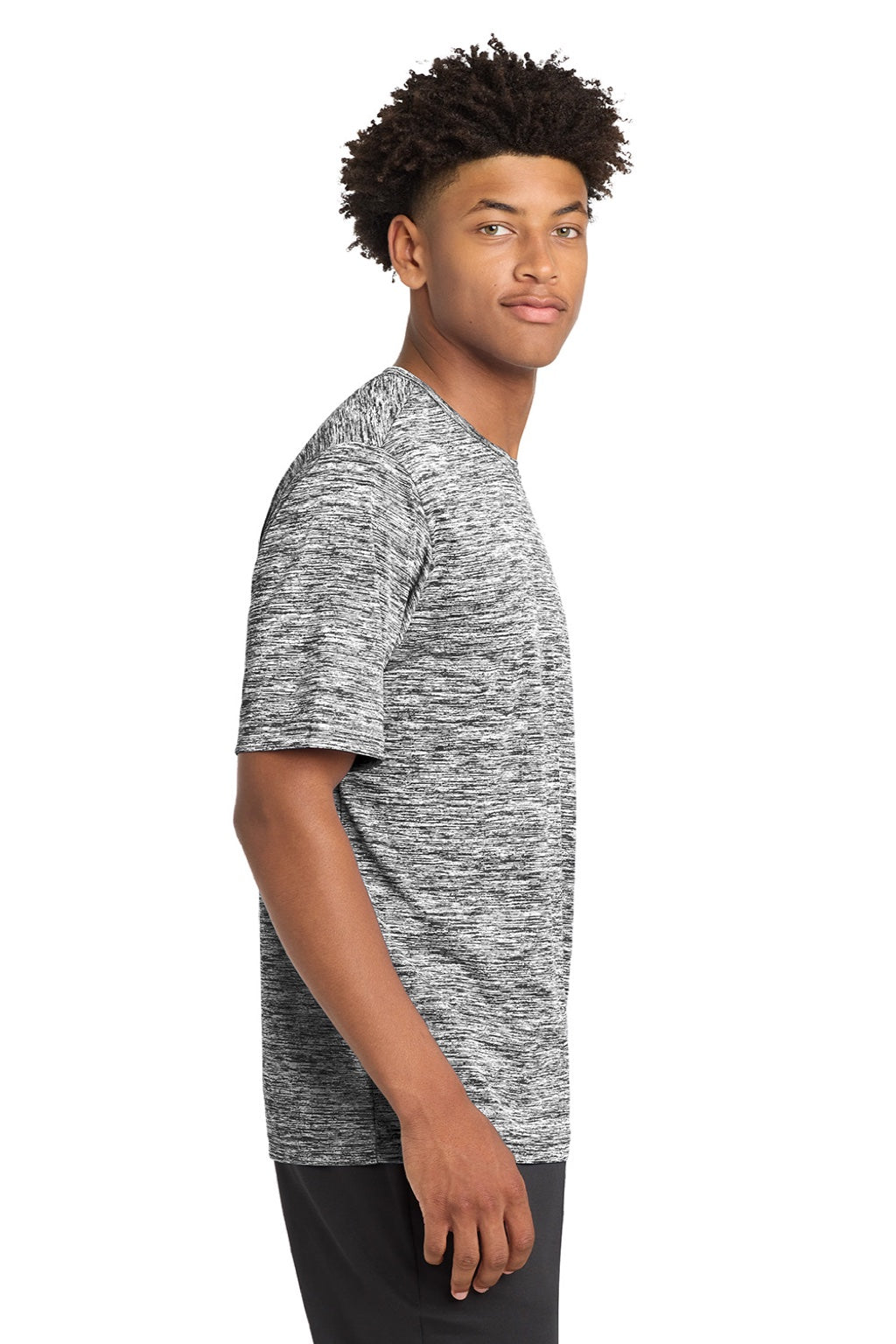 Sport-Tek ST390 Mens Electric Heather Moisture Wicking Short Sleeve Crewneck T-Shirt Black Electric Model Side