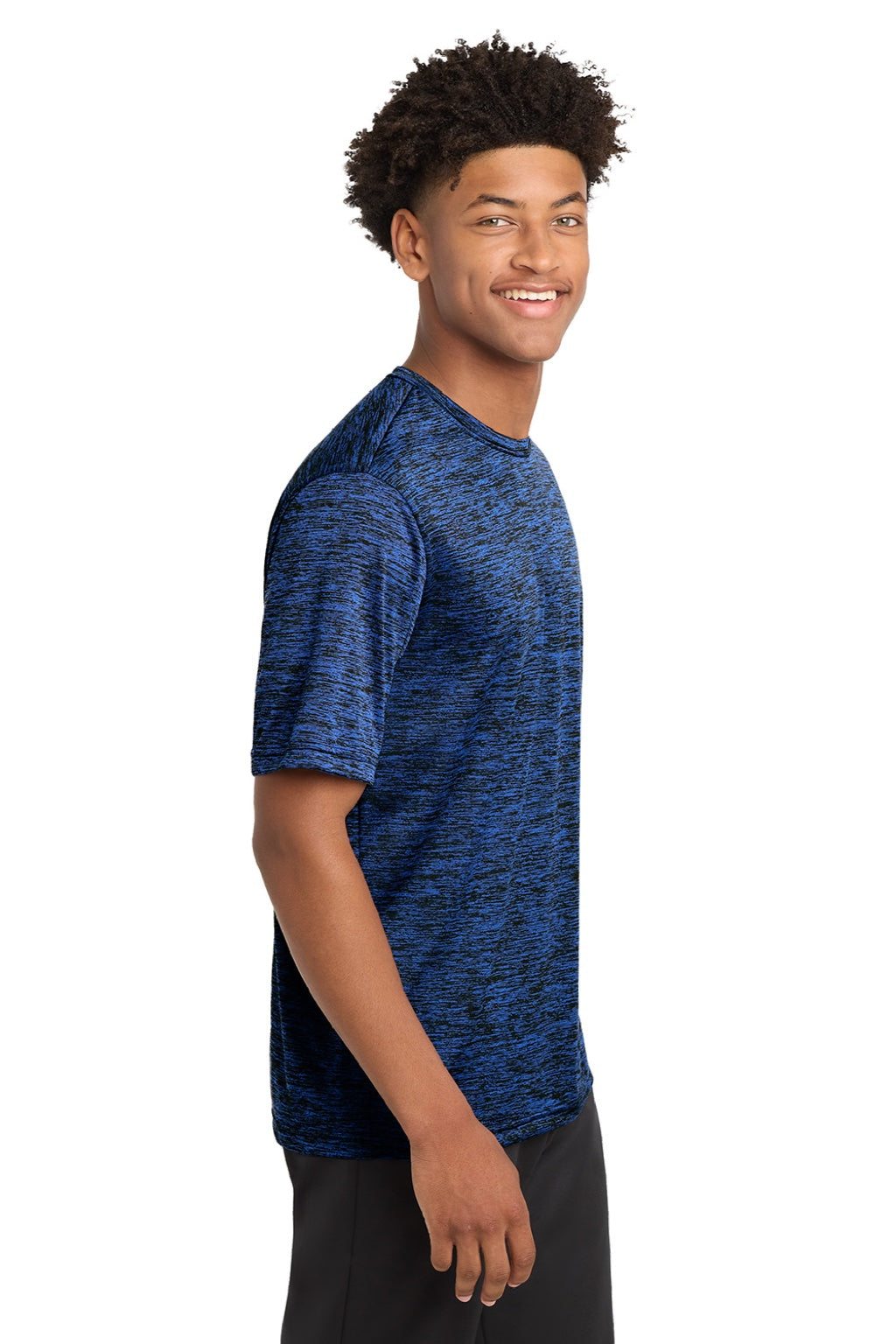Sport-Tek ST390 Mens Electric Heather Moisture Wicking Short Sleeve Crewneck T-Shirt Dark Royal Blue Electric Model Side