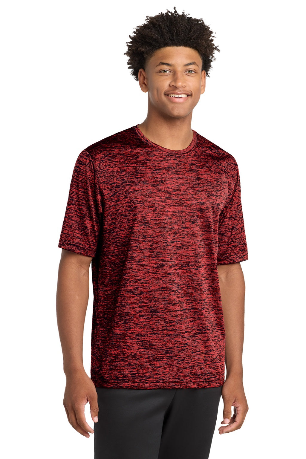 Sport-Tek ST390 Mens Electric Heather Moisture Wicking Short Sleeve Crewneck T-Shirt Deep Red/Black Electric Model Front