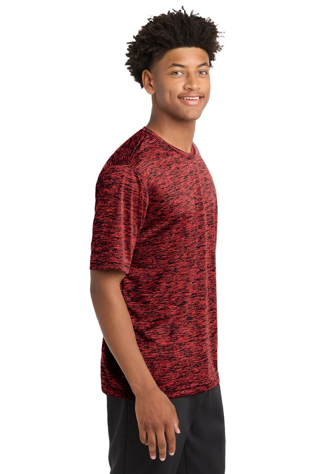 Sport-Tek ST390 Mens Electric Heather Moisture Wicking Short Sleeve Crewneck T-Shirt Deep Red/Black Electric Model Side