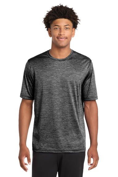 Sport-Tek ST390 Mens Electric Heather Moisture Wicking Short Sleeve Crewneck T-Shirt Grey Black Electric Model Front