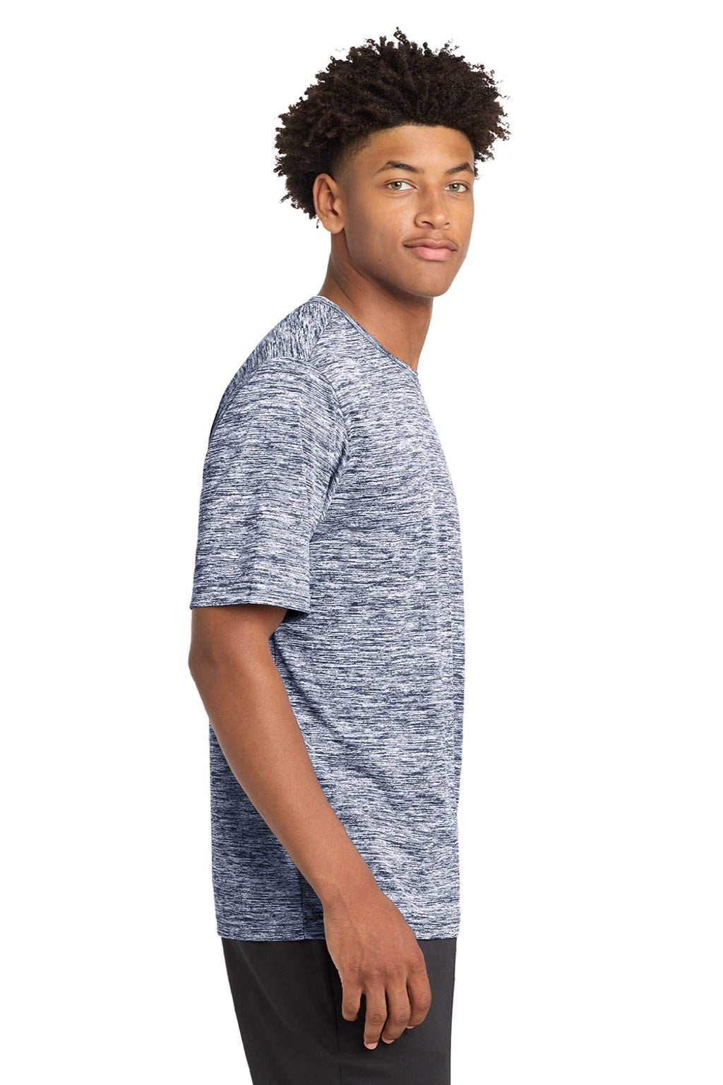 Sport-Tek ST390 Mens Electric Heather Moisture Wicking Short Sleeve Crewneck T-Shirt True Navy Blue Electric Model Side