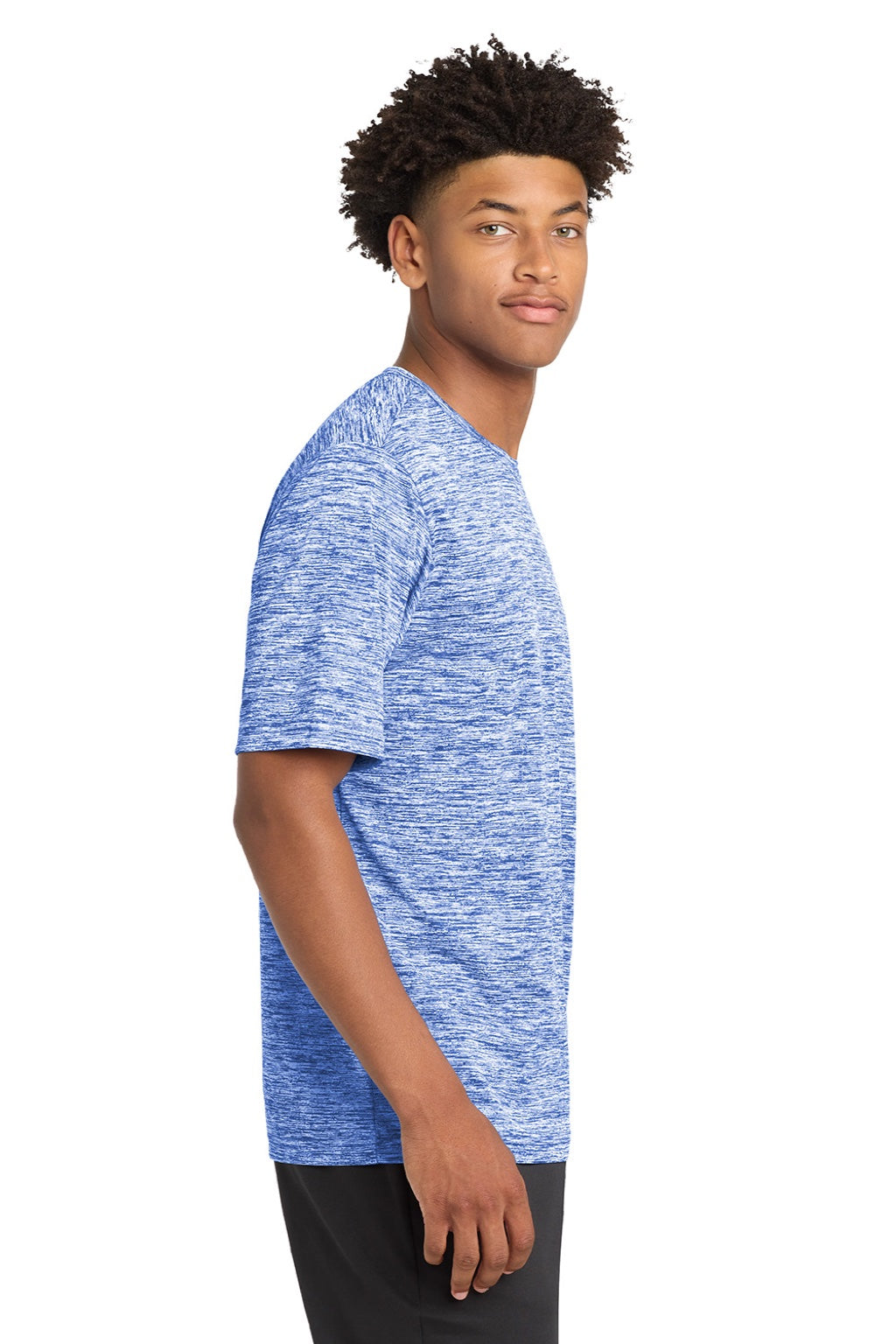 Sport-Tek ST390 Mens Electric Heather Moisture Wicking Short Sleeve Crewneck T-Shirt True Royal Blue Electric Model Side