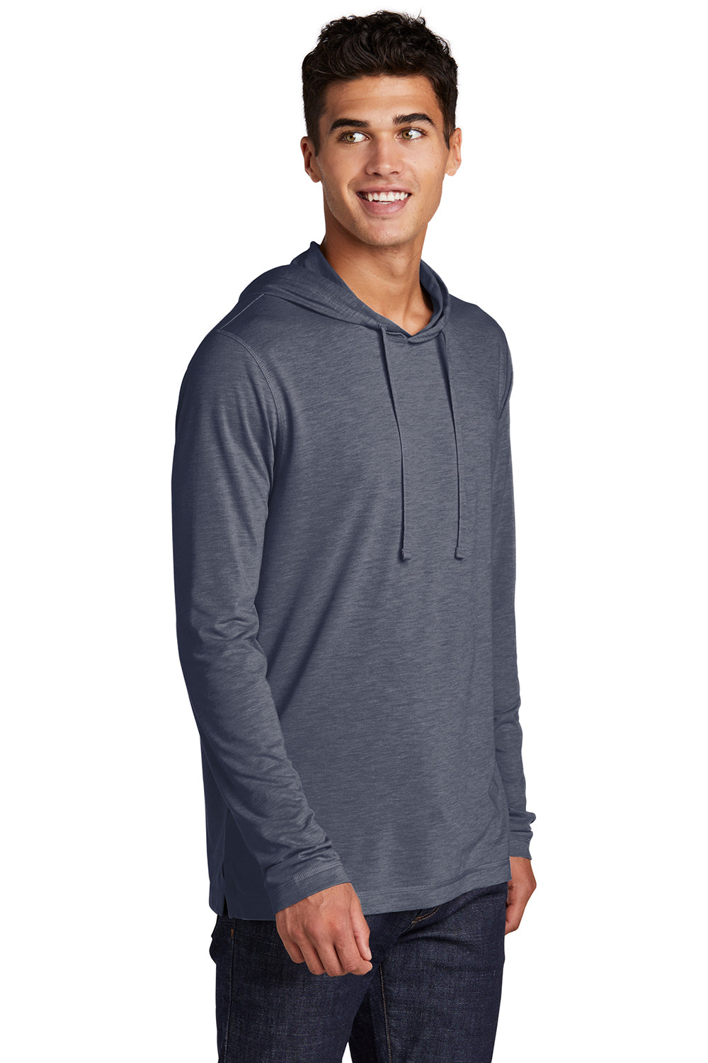 Sport-Tek ST406 Mens Moisture Wicking Long Sleeve Hooded T-Shirt Hoodie Heather True Navy Blue Model 3q