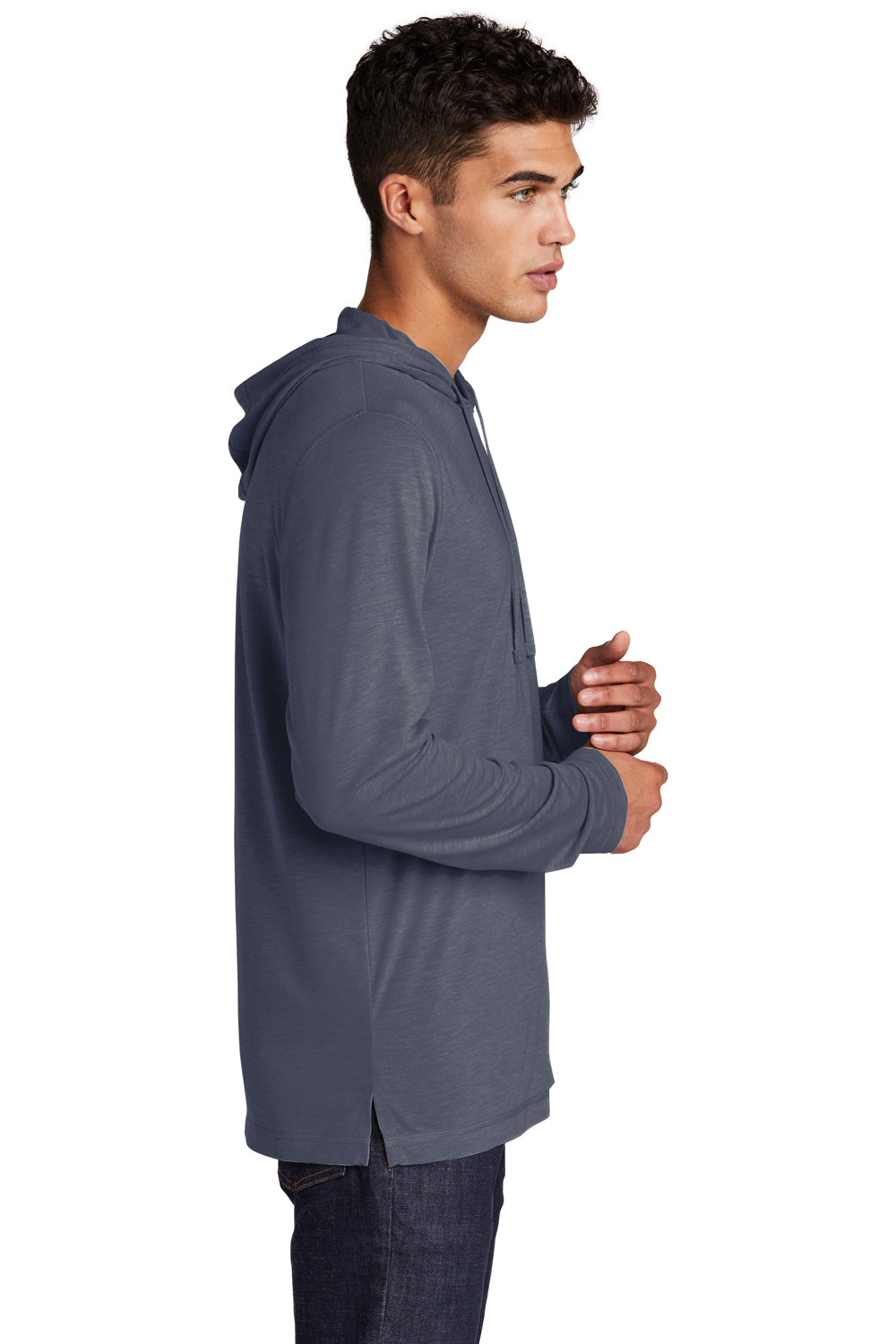 Sport-Tek ST406 Mens Moisture Wicking Long Sleeve Hooded T-Shirt Hoodie Heather True Navy Blue Model Side