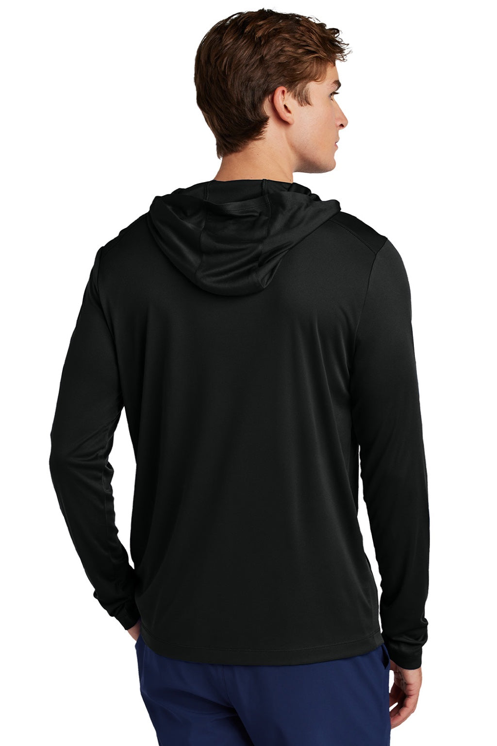 Sport-Tek ST420LSH Mens Posi-UV Pro Moisture Wicking Long Sleeve Hooded T-Shirt Hoodie Black Model Back
