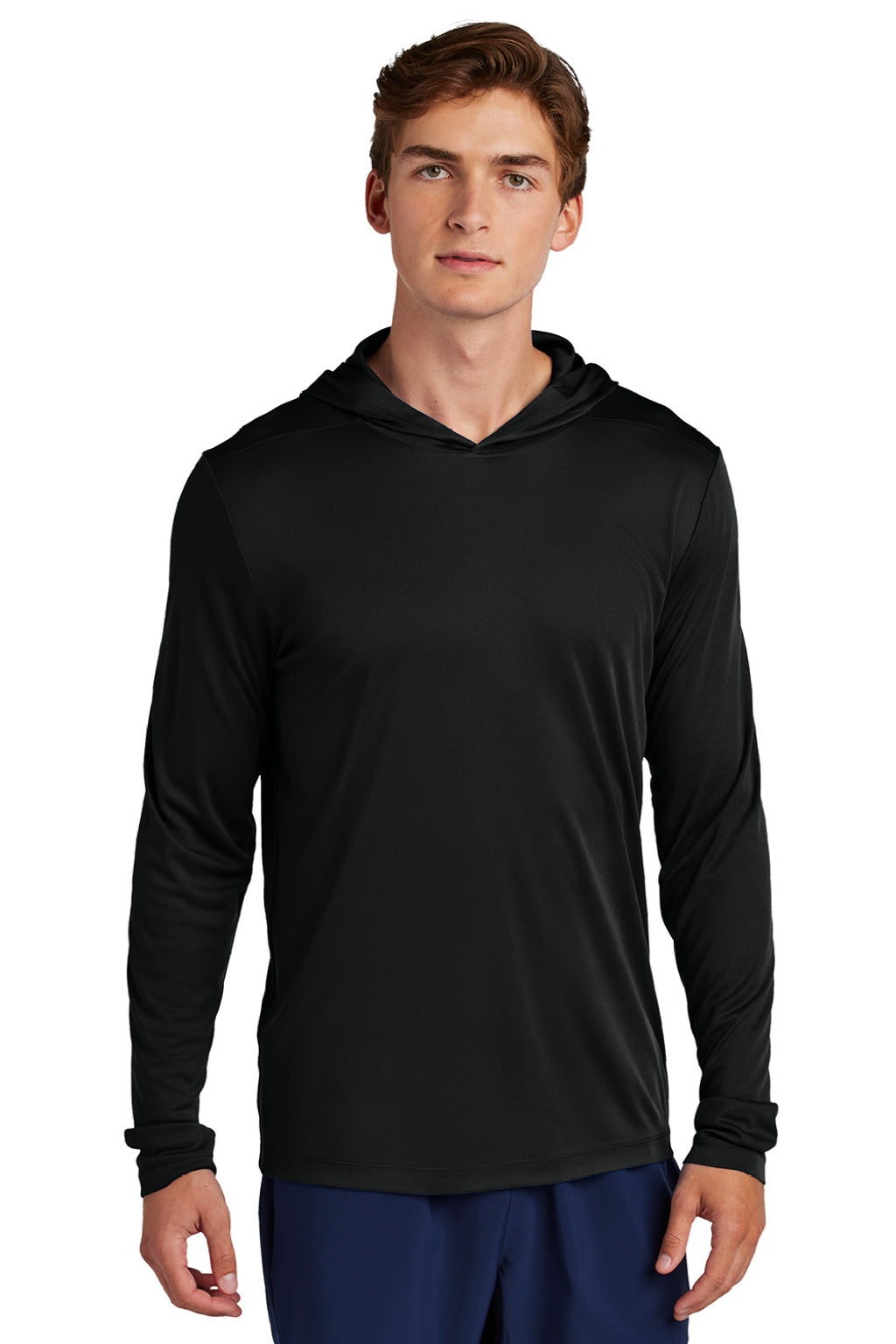 Sport-Tek ST420LSH Mens Posi-UV Pro Moisture Wicking Long Sleeve Hooded T-Shirt Hoodie Black Model Front