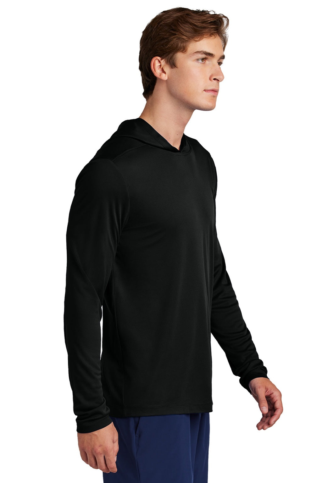 Sport-Tek ST420LSH Mens Posi-UV Pro Moisture Wicking Long Sleeve Hooded T-Shirt Hoodie Black Model Side