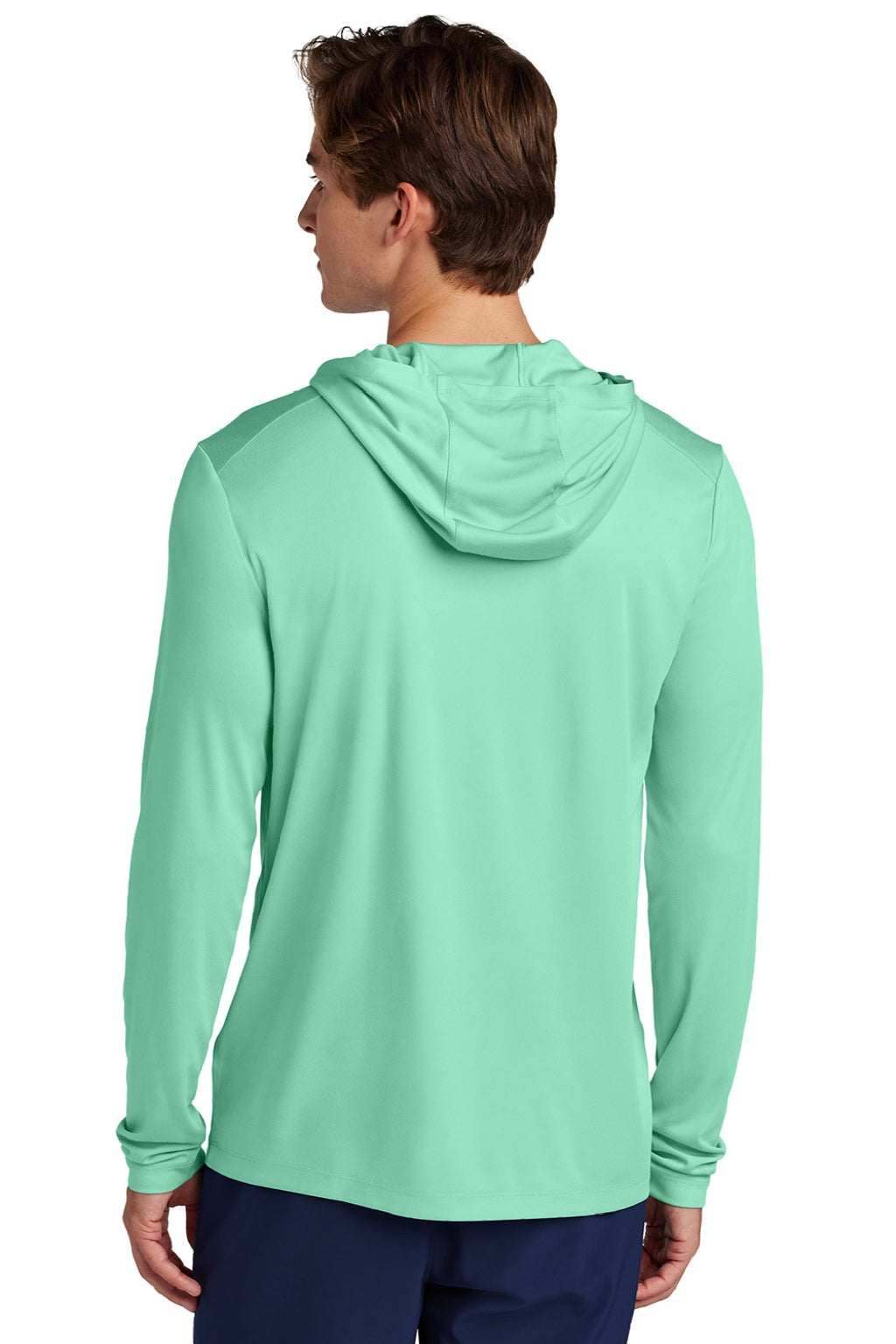 Sport-Tek ST420LSH Mens Posi-UV Pro Moisture Wicking Long Sleeve Hooded T-Shirt Hoodie Bright Seafoam Green Model Back