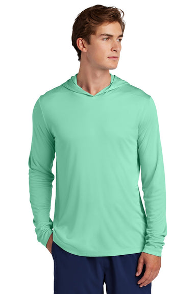 Sport-Tek ST420LSH Mens Posi-UV Pro Moisture Wicking Long Sleeve Hooded T-Shirt Hoodie Bright Seafoam Green Model Front