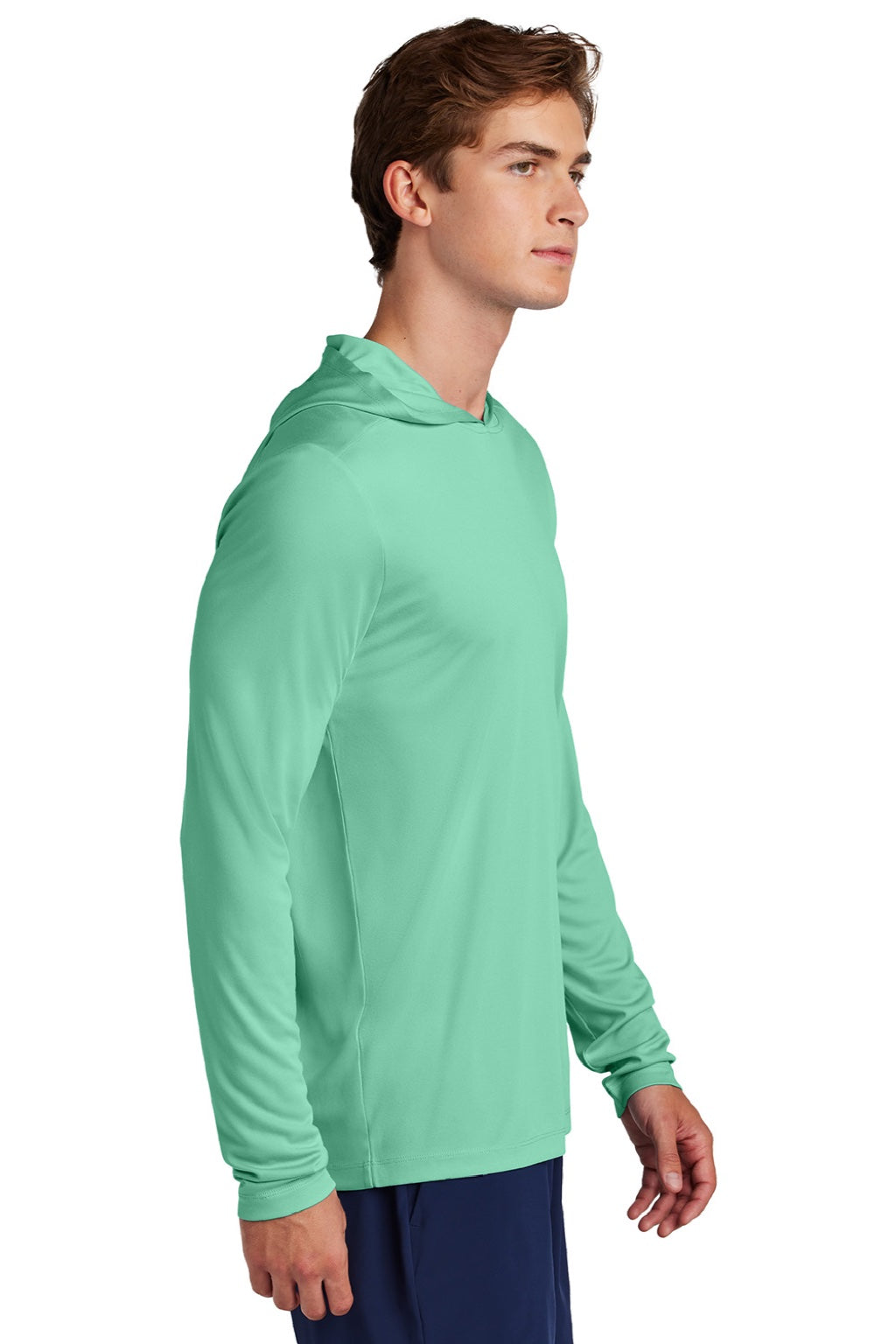 Sport-Tek ST420LSH Mens Posi-UV Pro Moisture Wicking Long Sleeve Hooded T-Shirt Hoodie Bright Seafoam Green Model Side