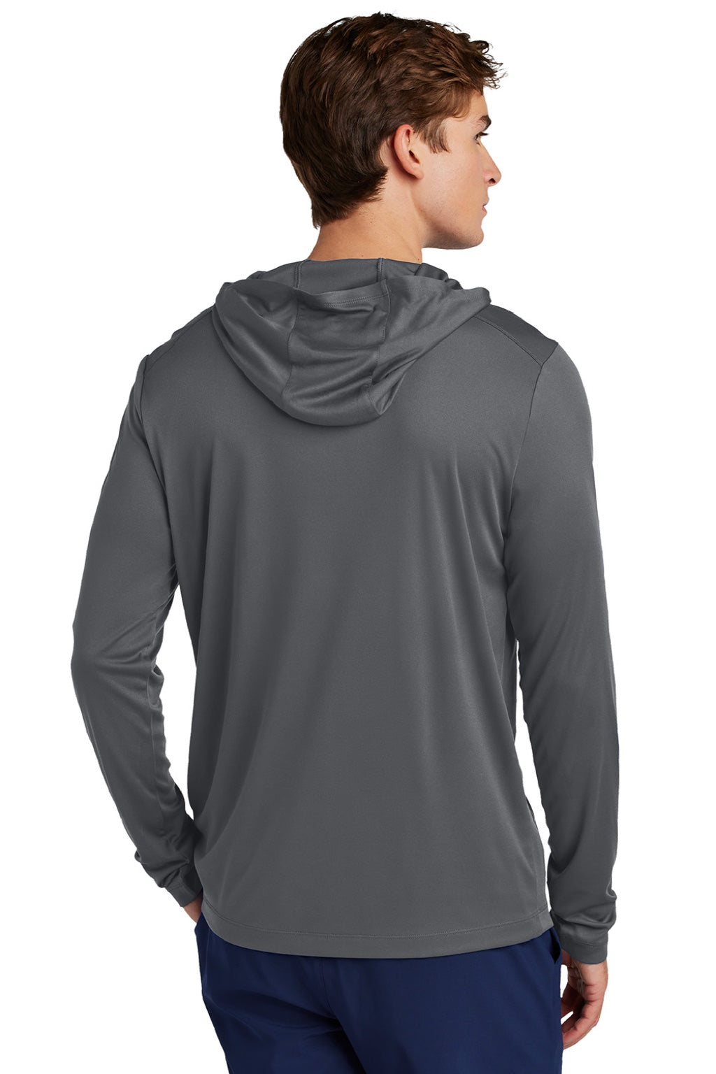 Sport-Tek ST420LSH Mens Posi-UV Pro Moisture Wicking Long Sleeve Hooded T-Shirt Hoodie Dark Smoke Grey Model Back