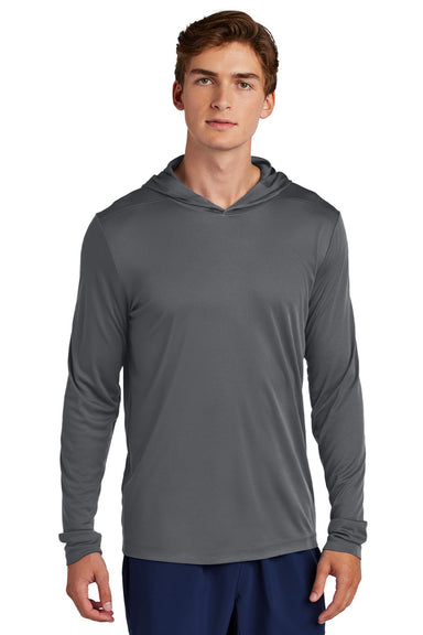Sport-Tek ST420LSH Mens Posi-UV Pro Moisture Wicking Long Sleeve Hooded T-Shirt Hoodie Dark Smoke Grey Model Front