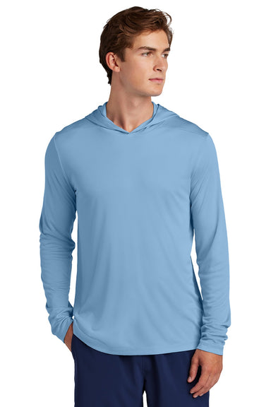 Sport-Tek ST420LSH Mens Posi-UV Pro Moisture Wicking Long Sleeve Hooded T-Shirt Hoodie Light Blue Model Front