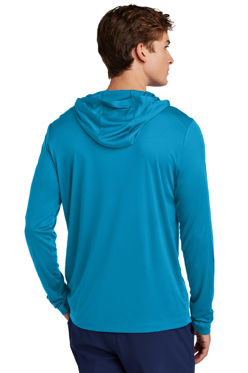 Sport-Tek ST420LSH Mens Posi-UV Pro Moisture Wicking Long Sleeve Hooded T-Shirt Hoodie Sapphire Blue Model Back