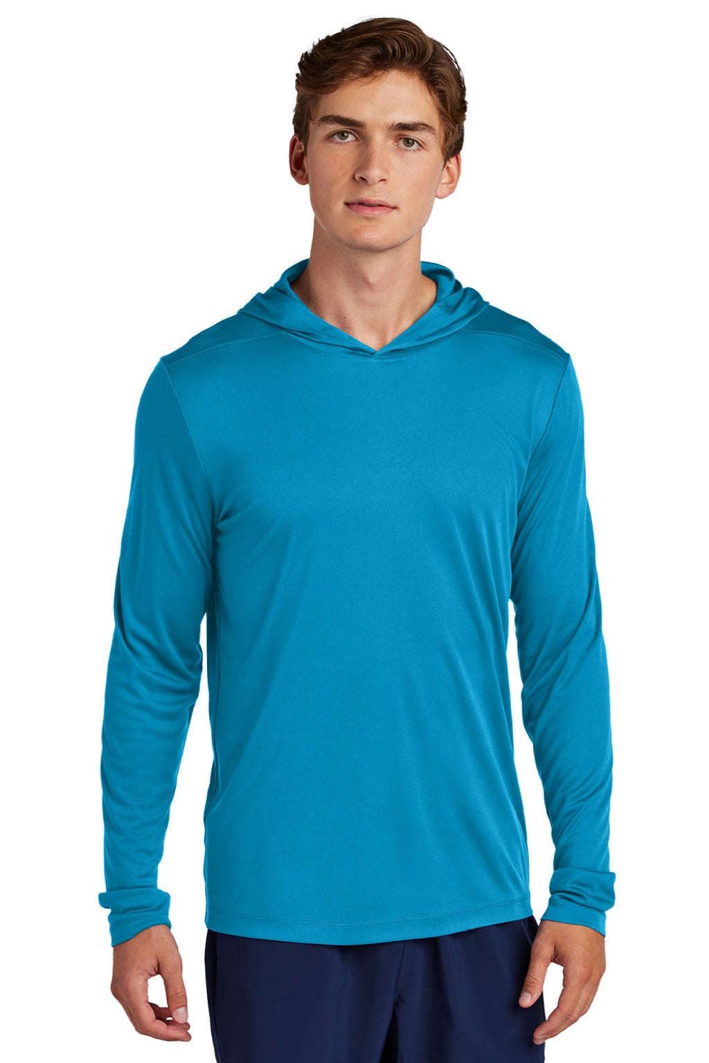 Sport-Tek ST420LSH Mens Posi-UV Pro Moisture Wicking Long Sleeve Hooded T-Shirt Hoodie Sapphire Blue Model Front