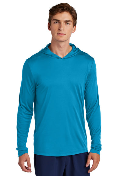 Sport-Tek ST420LSH Mens Posi-UV Pro Moisture Wicking Long Sleeve Hooded T-Shirt Hoodie Sapphire Blue Model Front