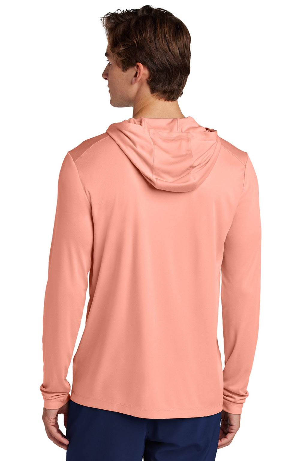 Sport-Tek ST420LSH Mens Posi-UV Pro Moisture Wicking Long Sleeve Hooded T-Shirt Hoodie Soft Coral Model Back