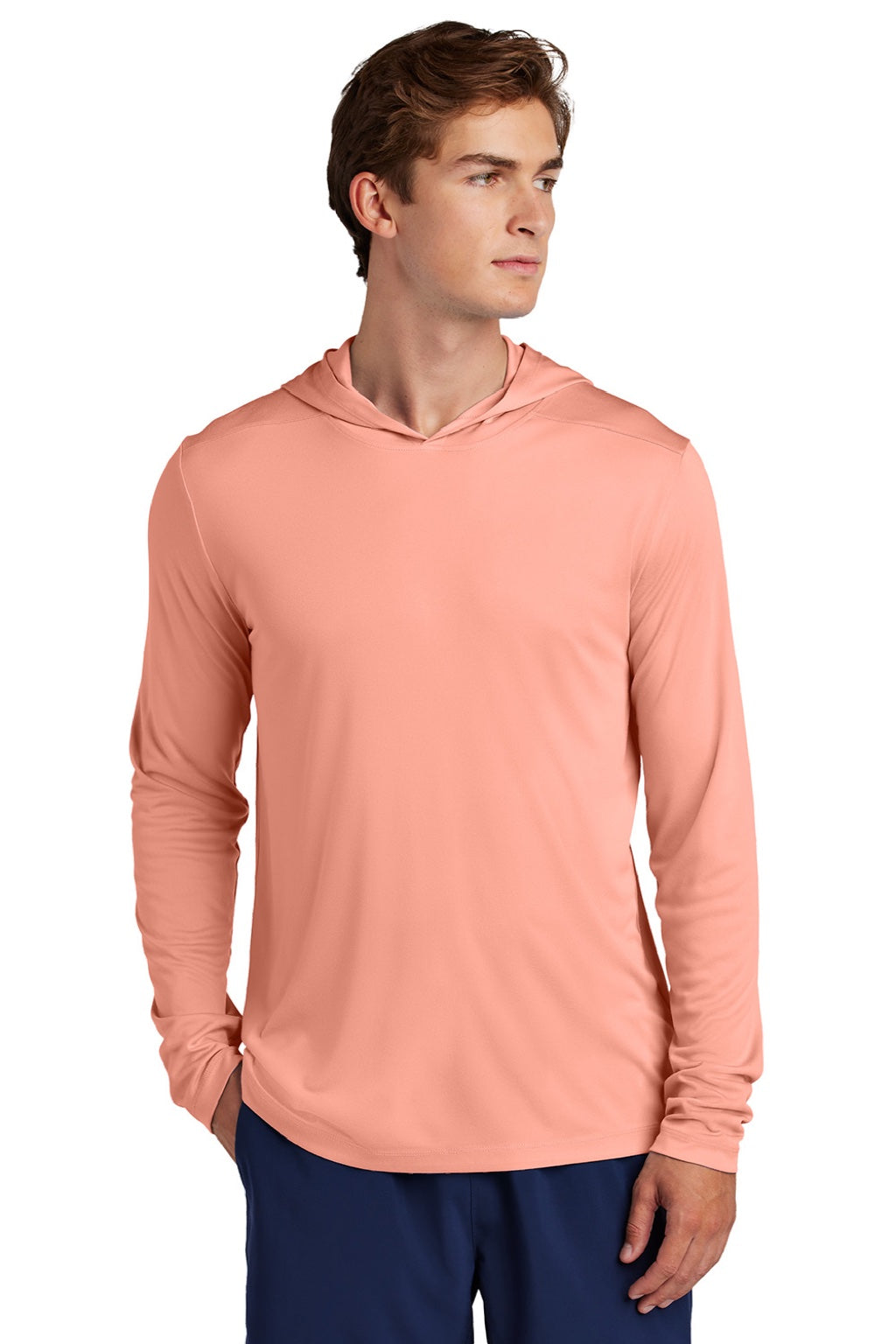 Sport-Tek ST420LSH Mens Posi-UV Pro Moisture Wicking Long Sleeve Hooded T-Shirt Hoodie Soft Coral Model Front