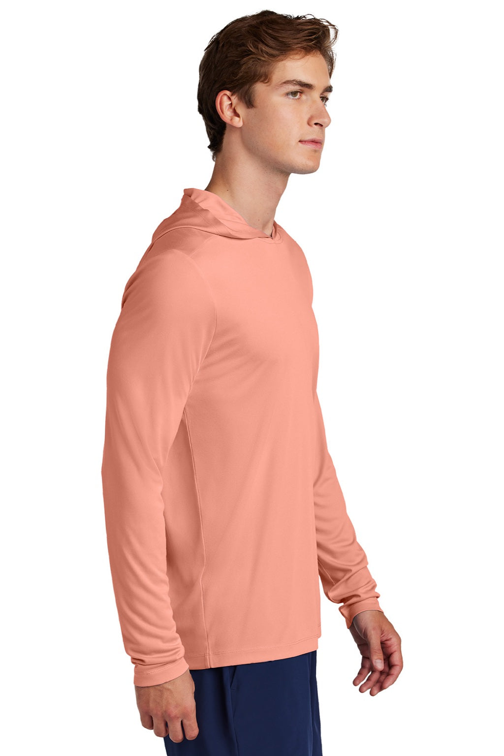 Sport-Tek ST420LSH Mens Posi-UV Pro Moisture Wicking Long Sleeve Hooded T-Shirt Hoodie Soft Coral Model Side