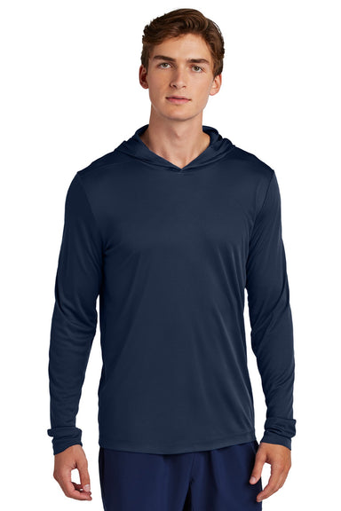 Sport-Tek ST420LSH Mens Posi-UV Pro Moisture Wicking Long Sleeve Hooded T-Shirt Hoodie True Navy Blue Model Front