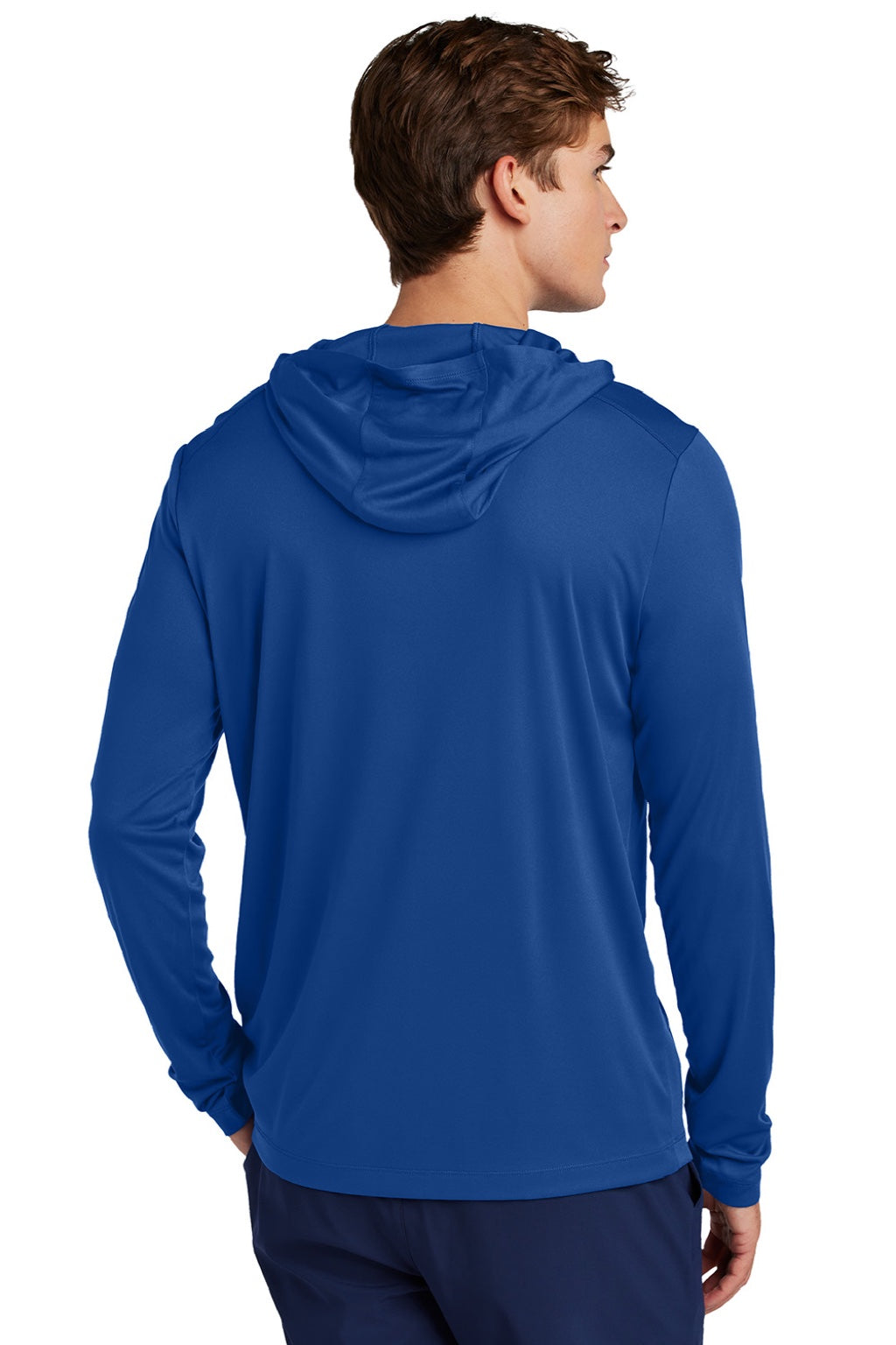 Sport-Tek ST420LSH Mens Posi-UV Pro Moisture Wicking Long Sleeve Hooded T-Shirt Hoodie True Royal Blue Model Back