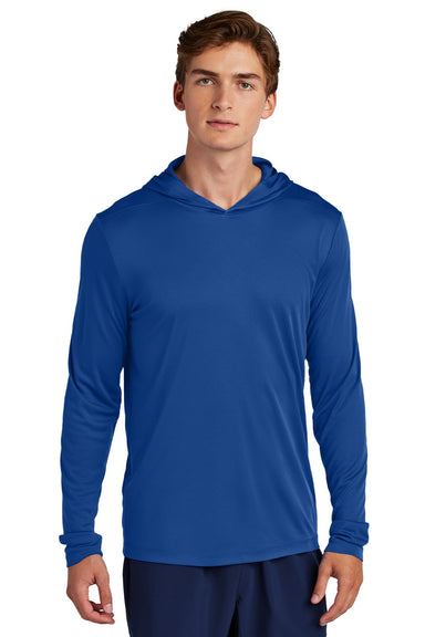 Sport-Tek ST420LSH Mens Posi-UV Pro Moisture Wicking Long Sleeve Hooded T-Shirt Hoodie True Royal Blue Model Front