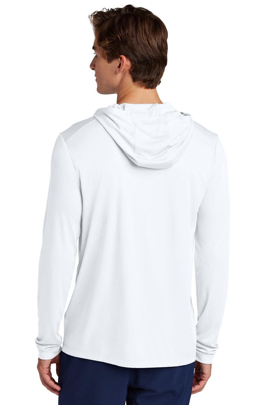 Sport-Tek ST420LSH Mens Posi-UV Pro Moisture Wicking Long Sleeve Hooded T-Shirt Hoodie White Model Back