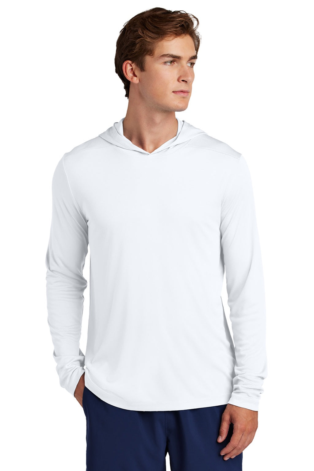 Sport-Tek ST420LSH Mens Posi-UV Pro Moisture Wicking Long Sleeve Hooded T-Shirt Hoodie White Model Front