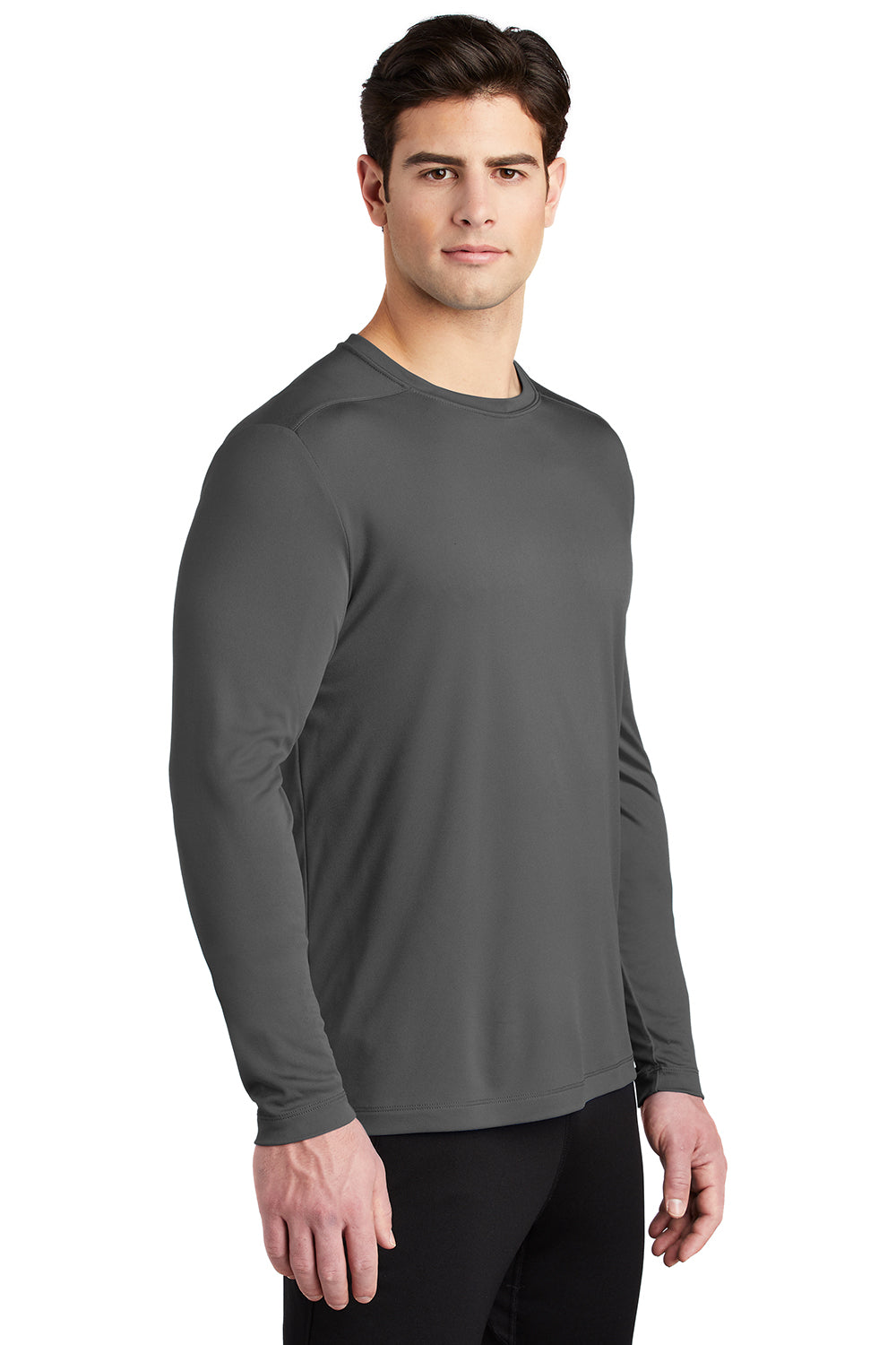 Sport-Tek ST420LS Mens Moisture Wicking Long Sleeve Crewneck T-Shirt Dark Smoke Grey Model 3q