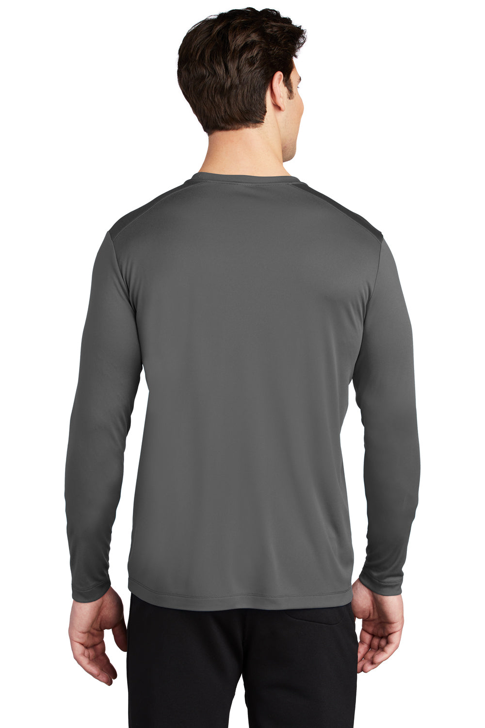 Sport-Tek ST420LS Mens Moisture Wicking Long Sleeve Crewneck T-Shirt Dark Smoke Grey Model Back
