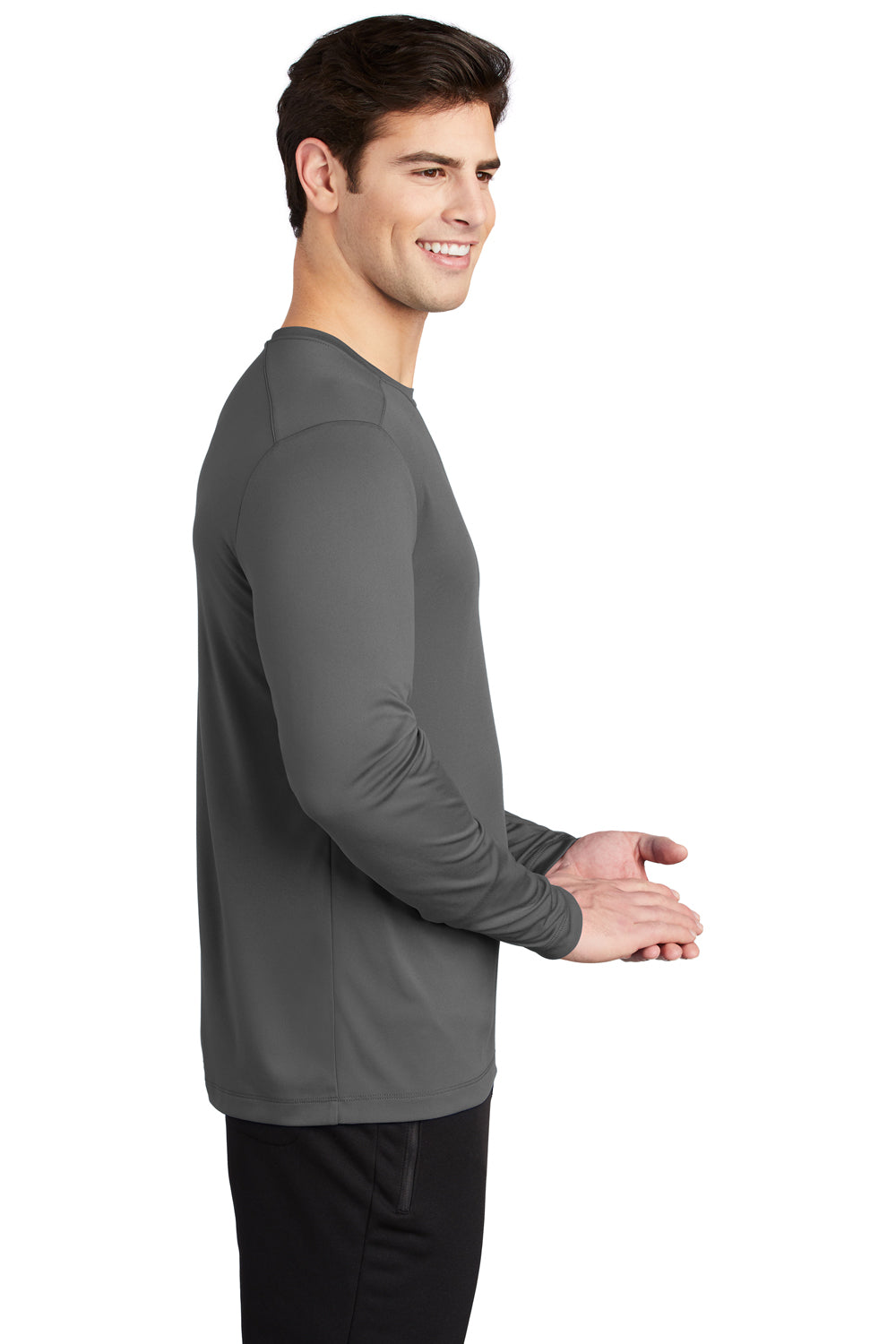 Sport-Tek ST420LS Mens Moisture Wicking Long Sleeve Crewneck T-Shirt Dark Smoke Grey Model Side