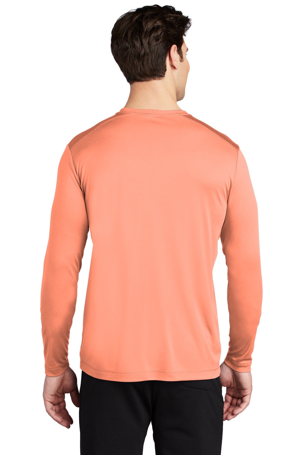 Sport-Tek ST420LS Mens Moisture Wicking Long Sleeve Crewneck T-Shirt Soft Coral Orange Model Back