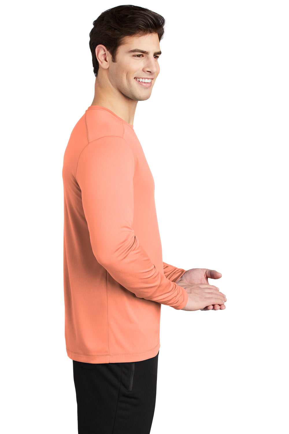 Sport-Tek ST420LS Mens Moisture Wicking Long Sleeve Crewneck T-Shirt Soft Coral Orange Model Side