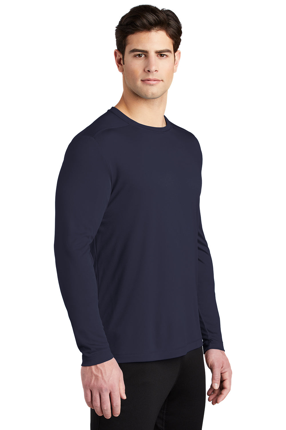Sport-Tek ST420LS Mens Moisture Wicking Long Sleeve Crewneck T-Shirt True Navy Blue Model 3q