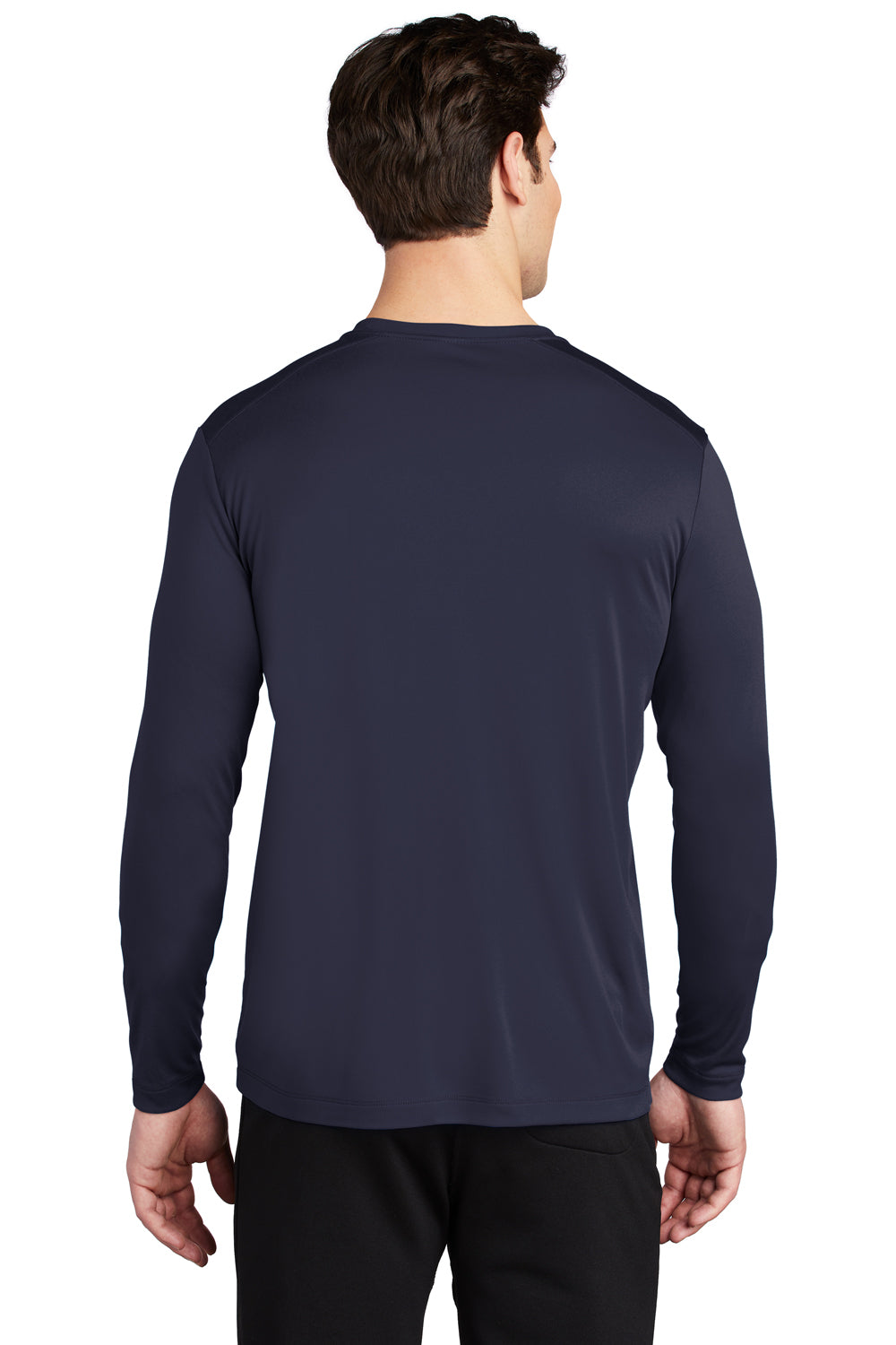 Sport-Tek ST420LS Mens Moisture Wicking Long Sleeve Crewneck T-Shirt True Navy Blue Model Back