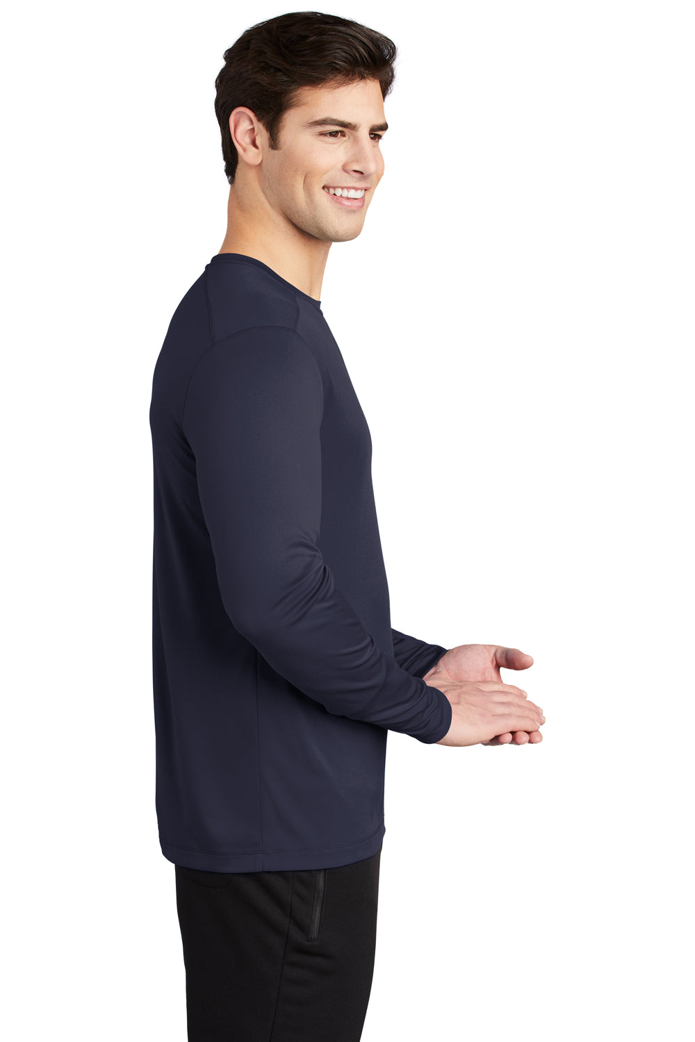 Sport-Tek ST420LS Mens Moisture Wicking Long Sleeve Crewneck T-Shirt True Navy Blue Model Side
