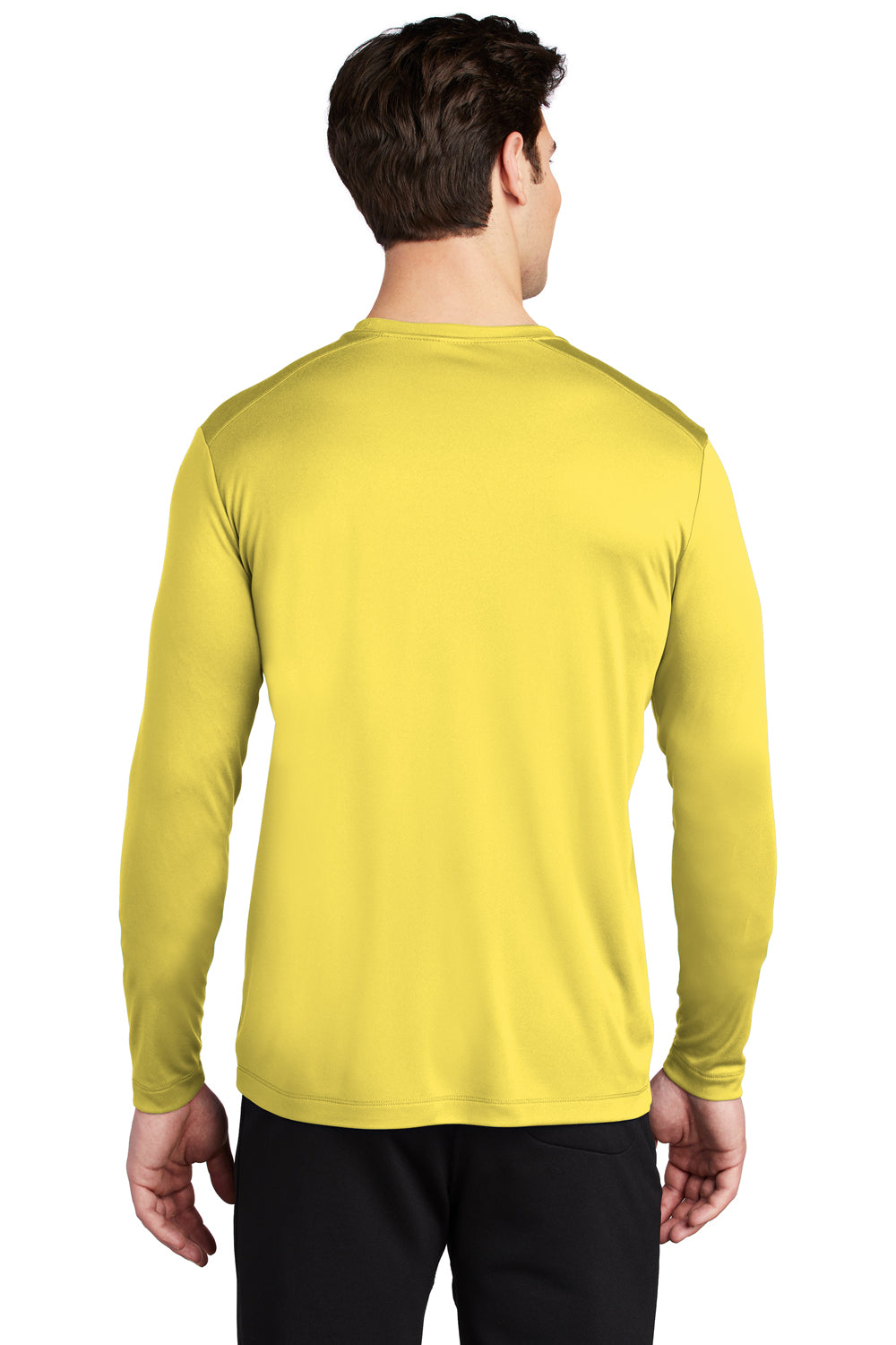 Sport-Tek ST420LS Mens Moisture Wicking Long Sleeve Crewneck T-Shirt Yellow Model Back