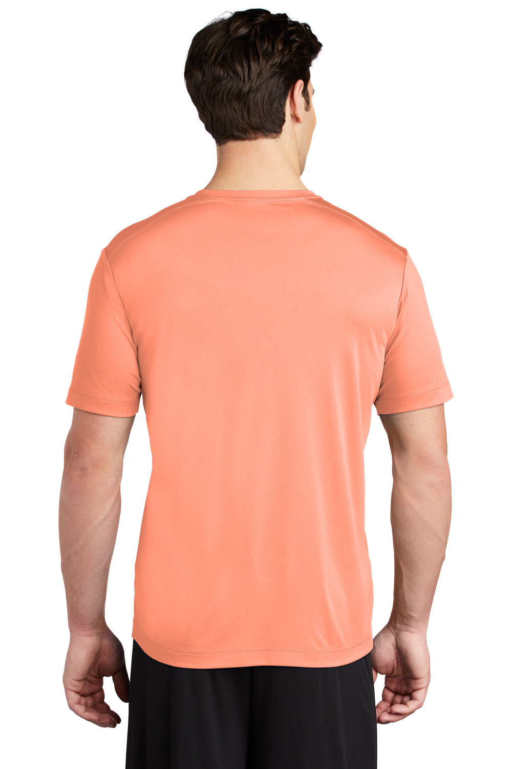 Sport-Tek ST420 Mens Moisture Wicking Short Sleeve Crewneck T-Shirt Soft Coral Orange Model Back