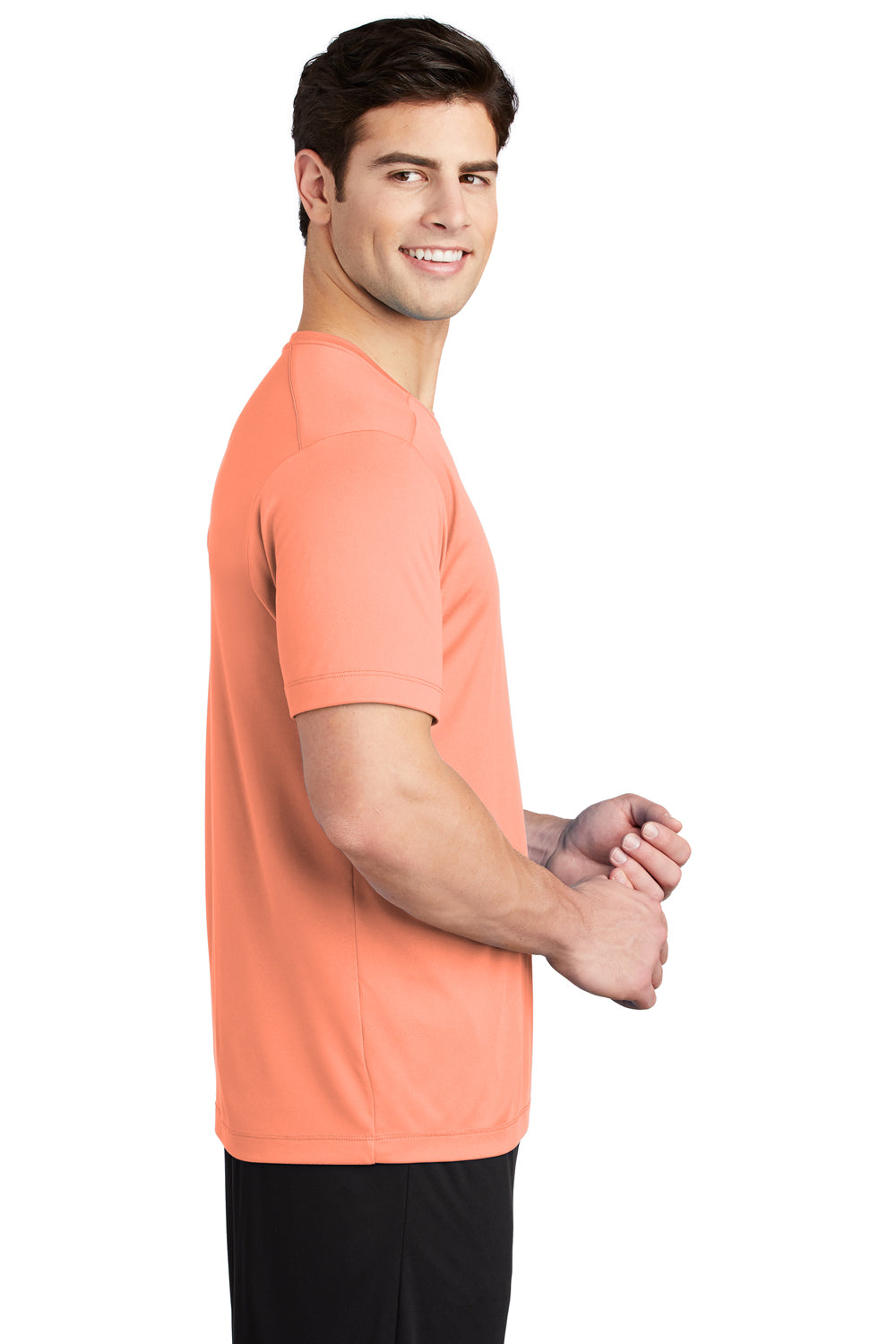 Sport-Tek ST420 Mens Moisture Wicking Short Sleeve Crewneck T-Shirt Soft Coral Orange Model Side