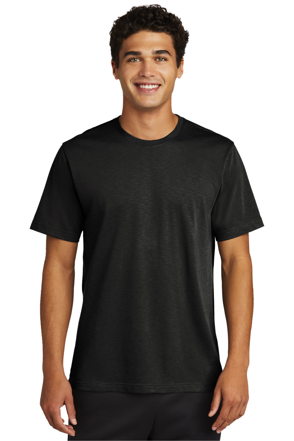 Sport-Tek ST430 Mens Strive Moisture Wicking Short Sleeve Crewneck T-Shirt Black Model Front
