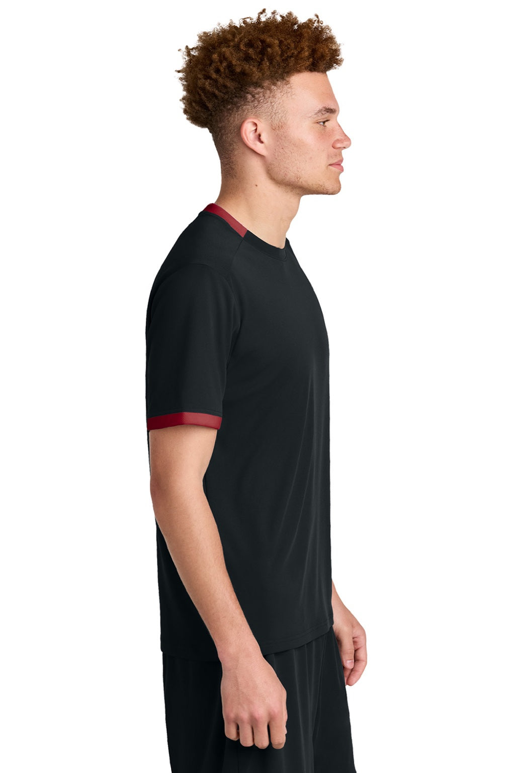 Sport-Tek ST440 Mens Club Moisture Wicking Short Sleeve Crewneck T-Shirt Black/Deep Red Model Side