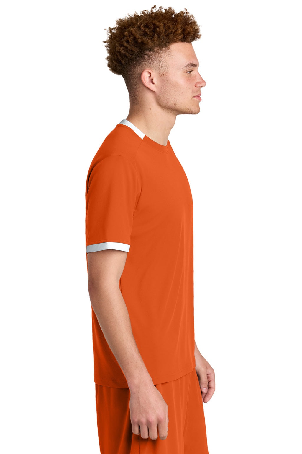 Sport-Tek ST440 Mens Club Moisture Wicking Short Sleeve Crewneck T-Shirt Deep Orange/White Model Side