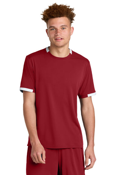 Sport-Tek ST440 Mens Club Moisture Wicking Short Sleeve Crewneck T-Shirt Deep Red/White Model Front