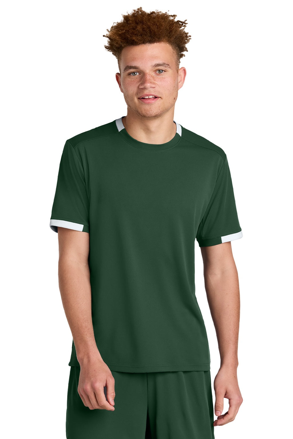 Sport-Tek ST440 Mens Club Moisture Wicking Short Sleeve Crewneck T-Shirt Forest Green/White Model Front