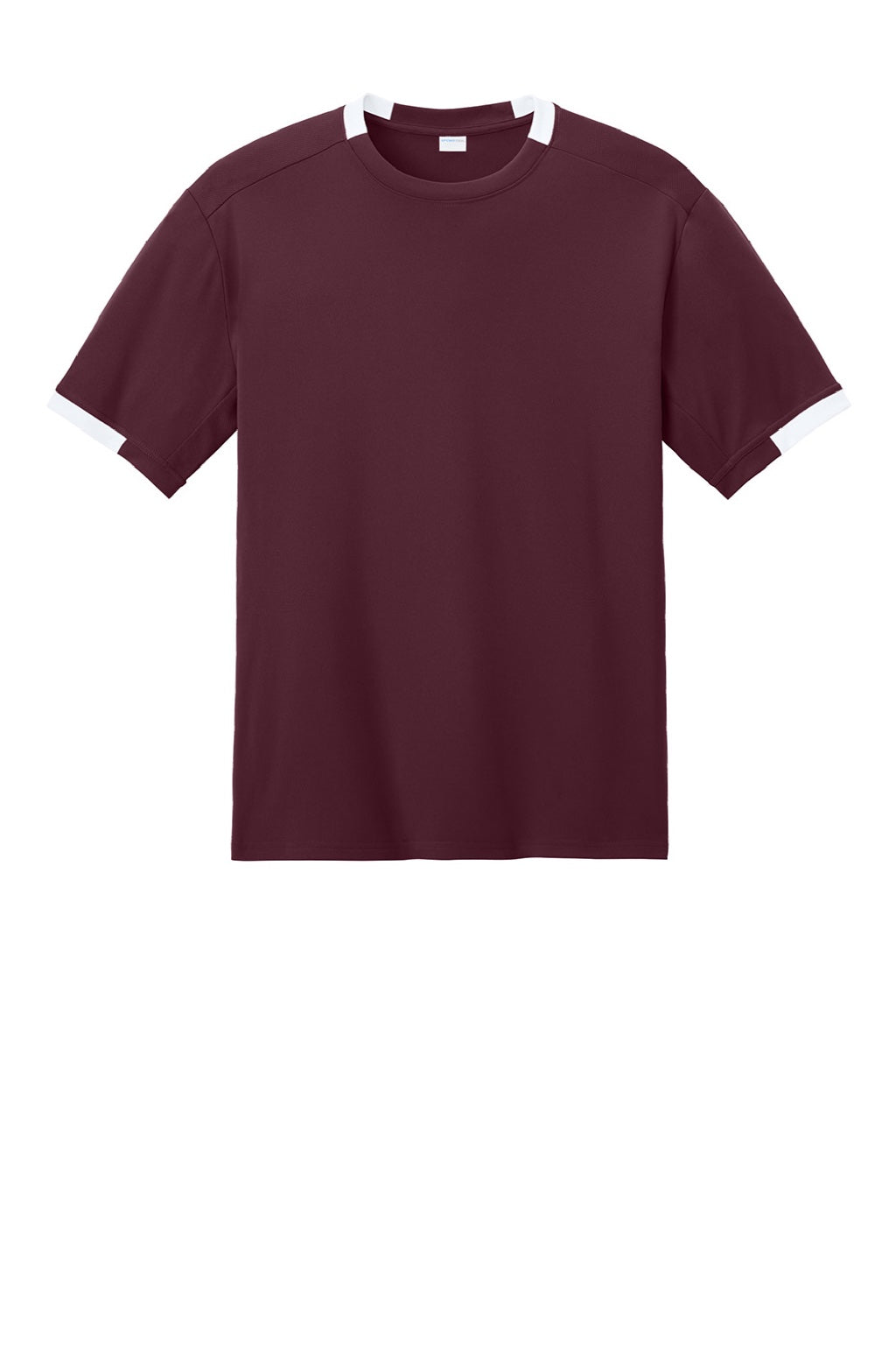 Sport-Tek ST440 Mens Club Moisture Wicking Short Sleeve Crewneck T-Shirt Maroon/White Flat Front